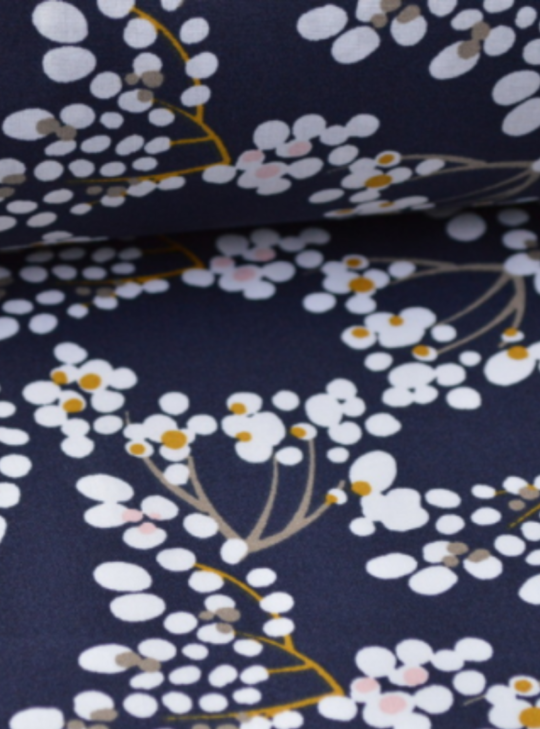 tissu-coton-imprime-cerisiers-japonais-marine-moutarde